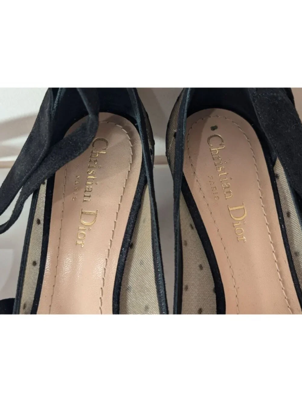 Christian Dior Black Mesh Suede Polka Dot Kitten Heel Pumps, Size 38